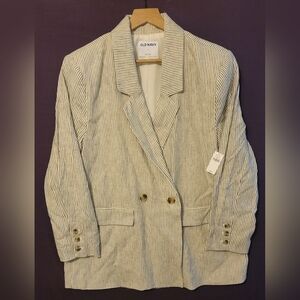 Old Navy Double-breasted Linen Navy/ White Blazer with Notched Lapels